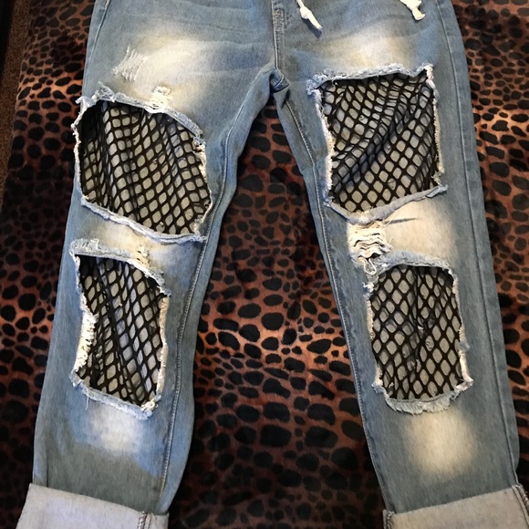 American Bazi Denim - Distressed Jean Capris w/Black Fishnet